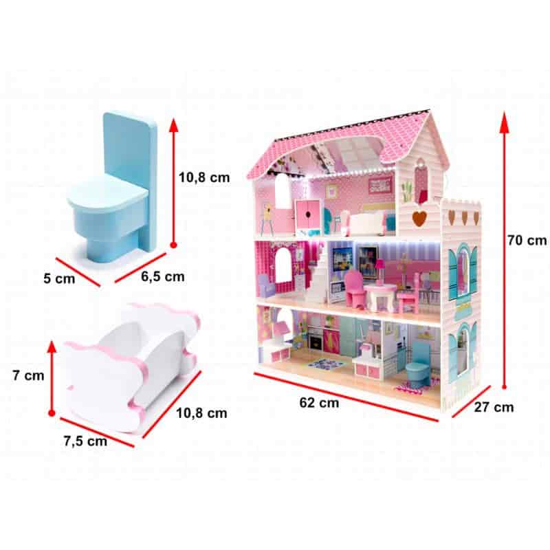 Kućica za lutke s led rasvjetom PINK - dimenzije