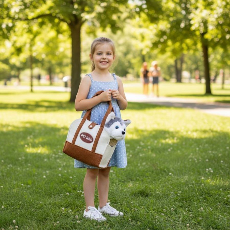 Plišani pas haski u torbi
