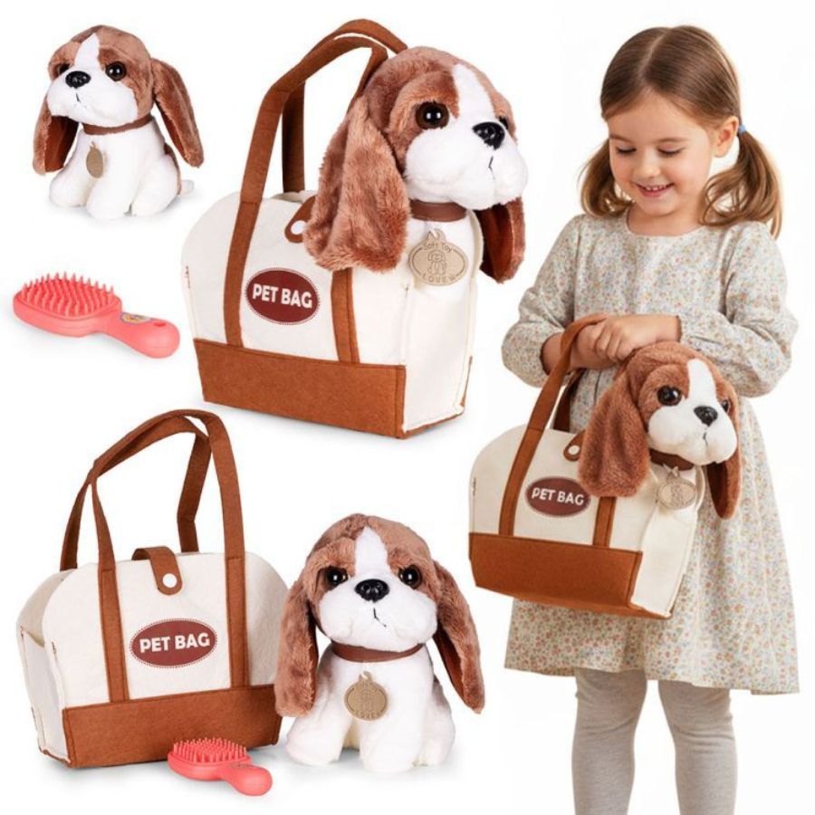 Plišani pas u torbi i četka za četkanje bigl