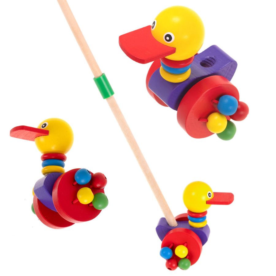 Drvena guralica za bebe sa šarenom patkom Drvena guralica za bebe sa šarenom patkom